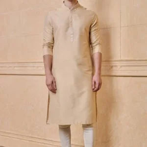 Beige Kurta Set with Embroidered Collar And Placket