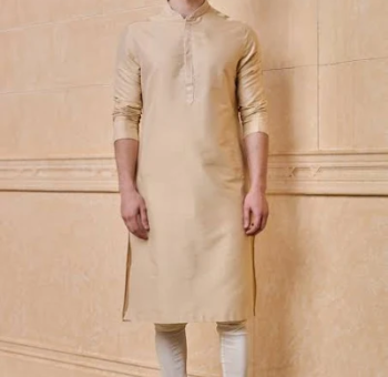 Beige Kurta Set with Embroidered Collar And Placket